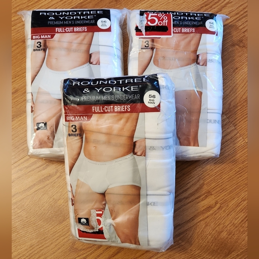 Roundtree & Yorke WHITE Full Cut Briefs 3 Pair/Pack  Sz 56 3PKS. 9 Pairs Total
